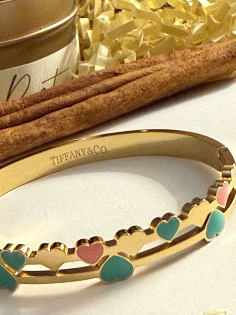 Gold Bangle with Pink and Turquoise Enamel Hearts
